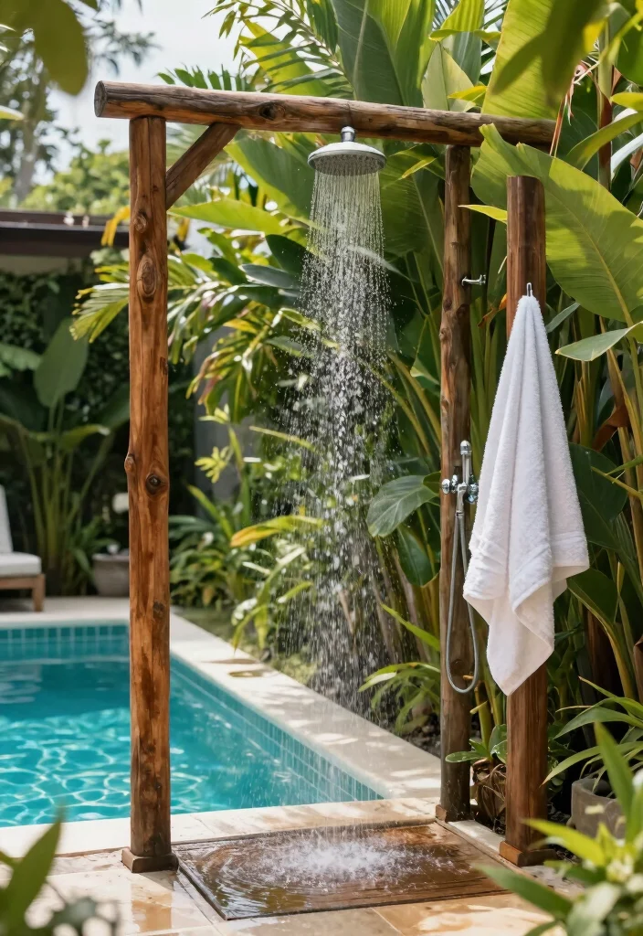 12 Small Backyard with Pool Ideas That Feel Open and Relaxing 10. Outdoor Shower Feature 0