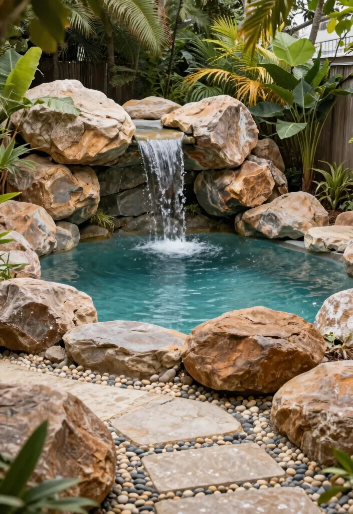 12 Small Backyard with Pool Ideas That Feel Open and Relaxing 12. Incorporating Nature with Rock Features 0