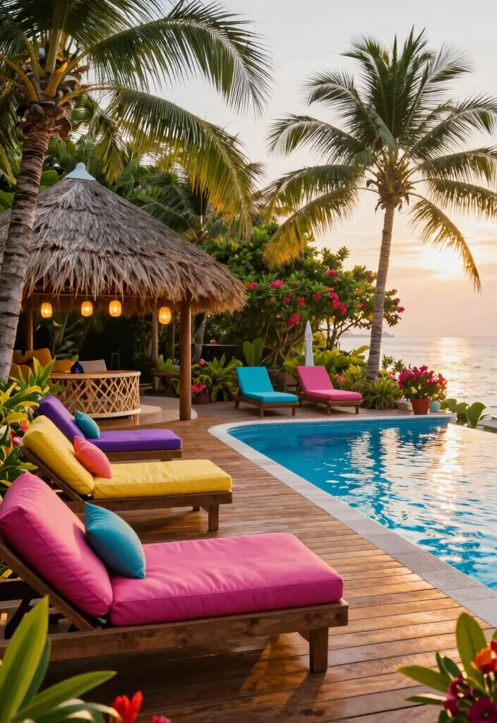 12 Small Backyard with Pool Ideas That Feel Open and Relaxing 2. Tropical Poolside Deck 0