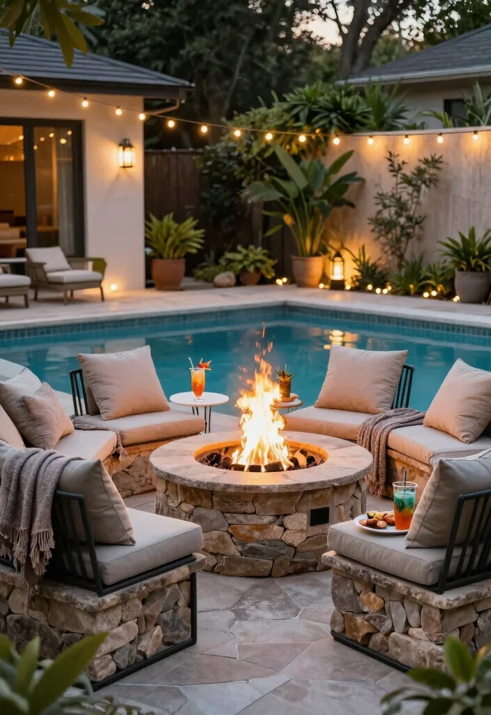 12 Small Backyard with Pool Ideas That Feel Open and Relaxing 4. Cozy Fire Pit Area 0