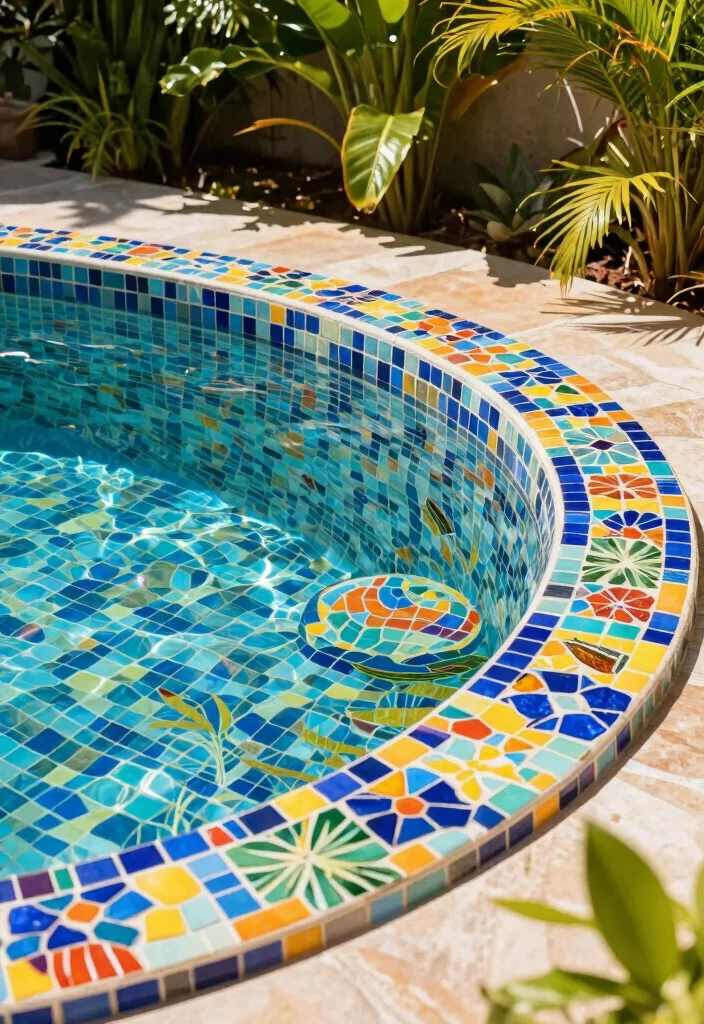 12 Small Backyard with Pool Ideas That Feel Open and Relaxing 8. Colorful Mosaic Tiles 0