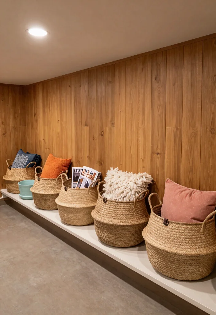 10 Basement Half Wall Ledge Ideas for Function and Display 3. Decorative Baskets for Stylish Storage 0