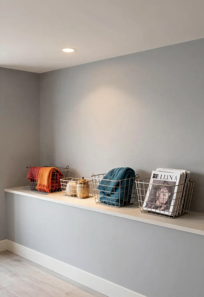 10 Basement Half Wall Ledge Ideas for Function and Display 8. Stylish Wire Baskets for a Modern Look 0