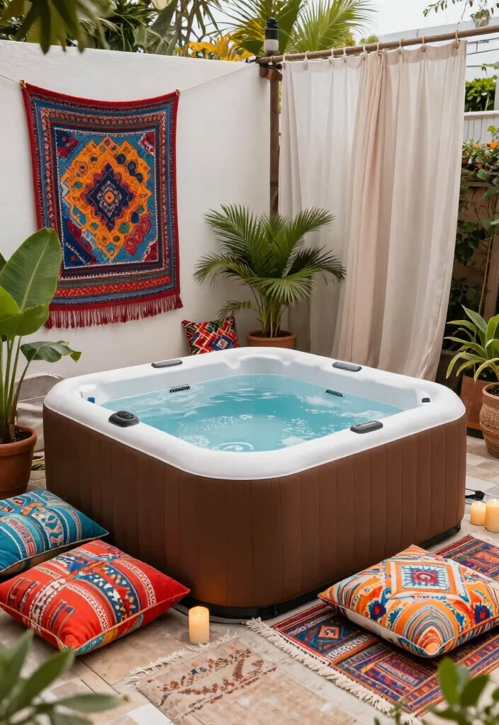 10 Blow Up Hot Tub Backyard Ideas for Budget Friendly Relaxation 3. Colorful Bohemian Vibes 0
