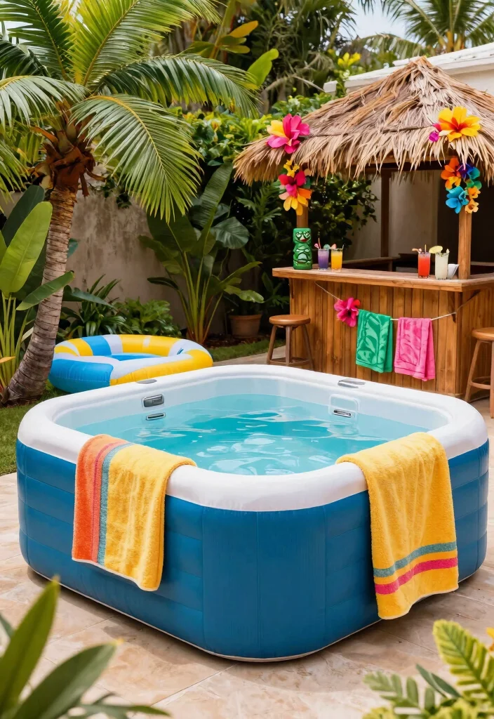 10 Blow Up Hot Tub Backyard Ideas for Budget Friendly Relaxation 6. Tropical Paradise Theme 0