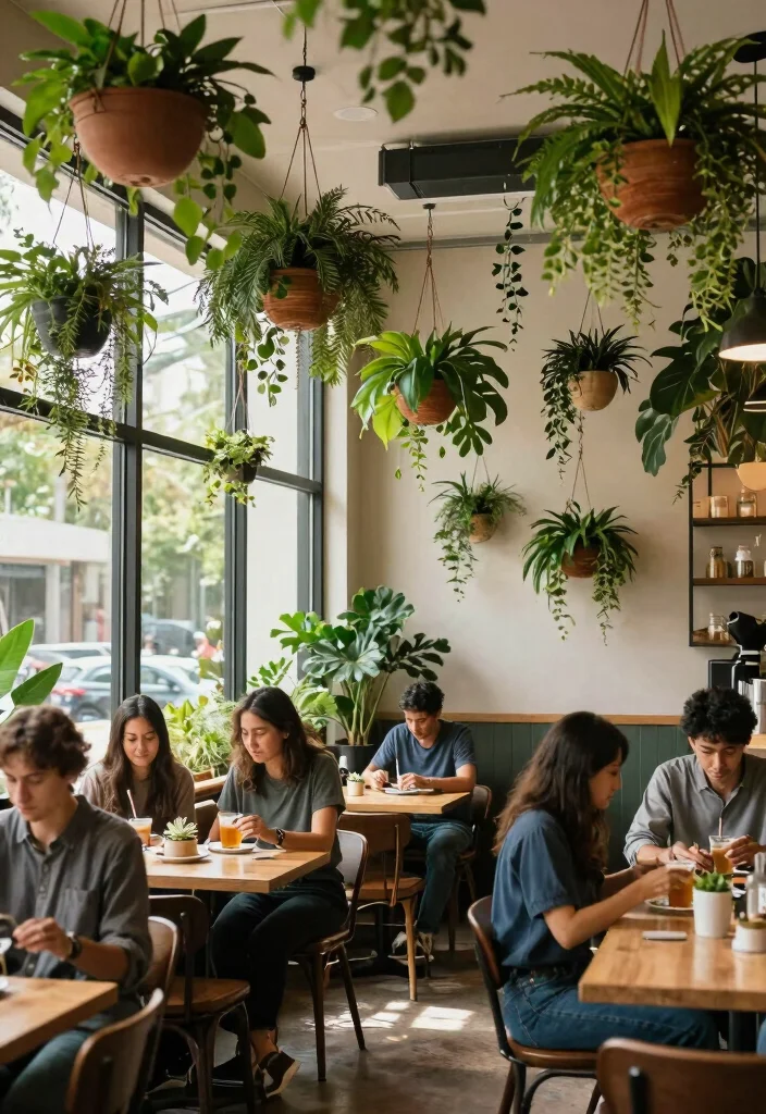 10 Cafe Wall Decor Ideas with Artistic Flair 10. Hanging Planters and Greenery 0