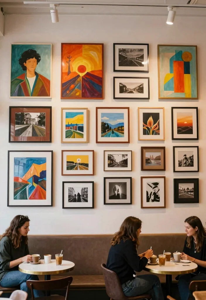 10 Cafe Wall Decor Ideas with Artistic Flair 2. Gallery Wall of Local Artists 0