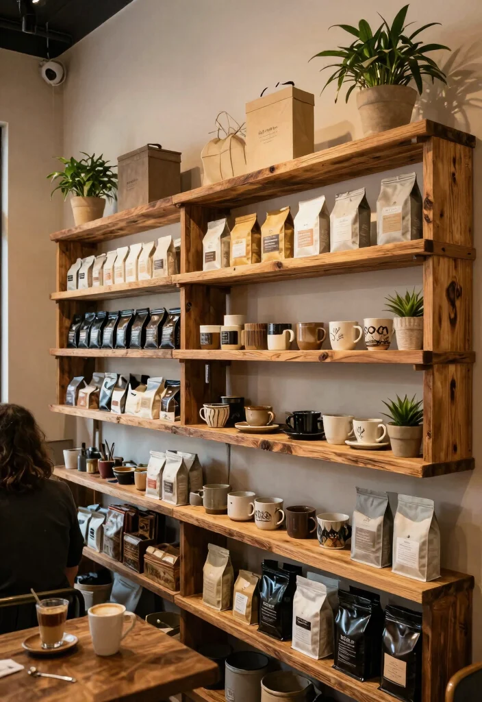 10 Cafe Wall Decor Ideas with Artistic Flair 6. Reclaimed Wood Shelves with Decor 0