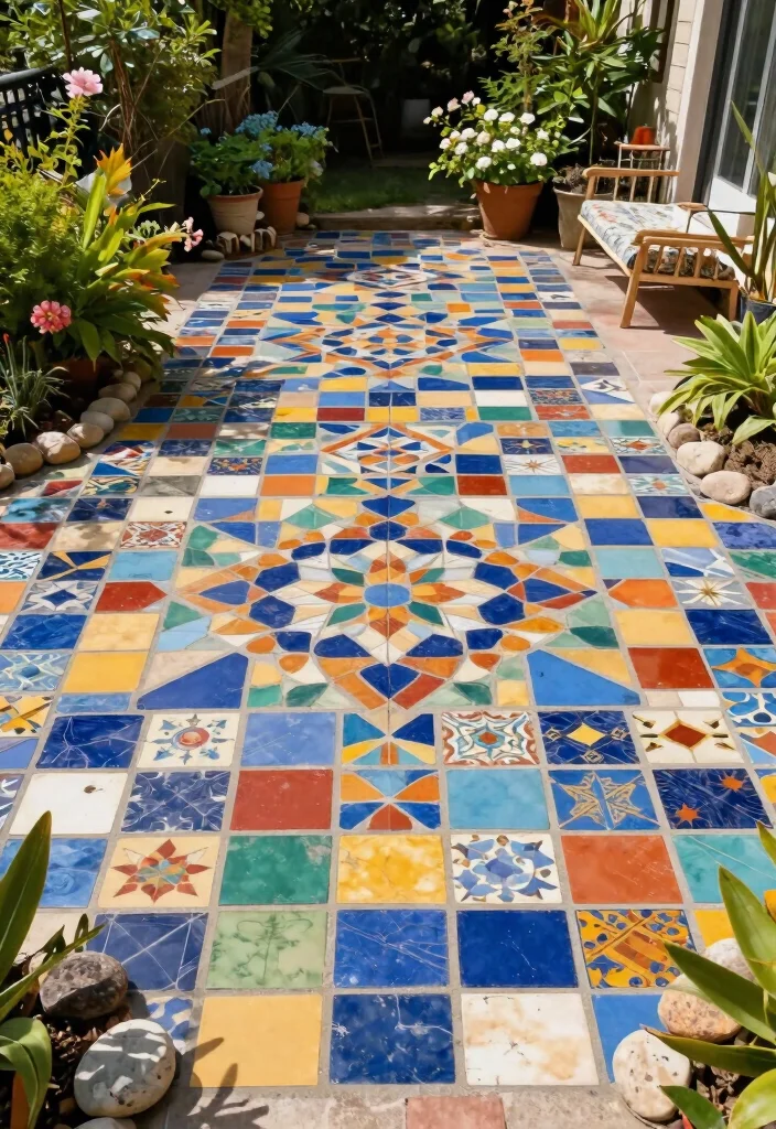 10 Paved Backyard Ideas for Low Maintenance Outdoor Spaces 8. Playful Mosaic Tile Patio 0