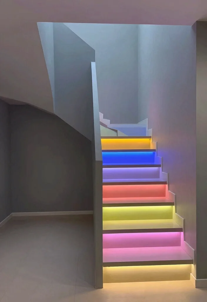 12 Basement Stairway Ideas to Improve Flow and Lighting 3. LED Strip Lighting for a Modern Edge 0