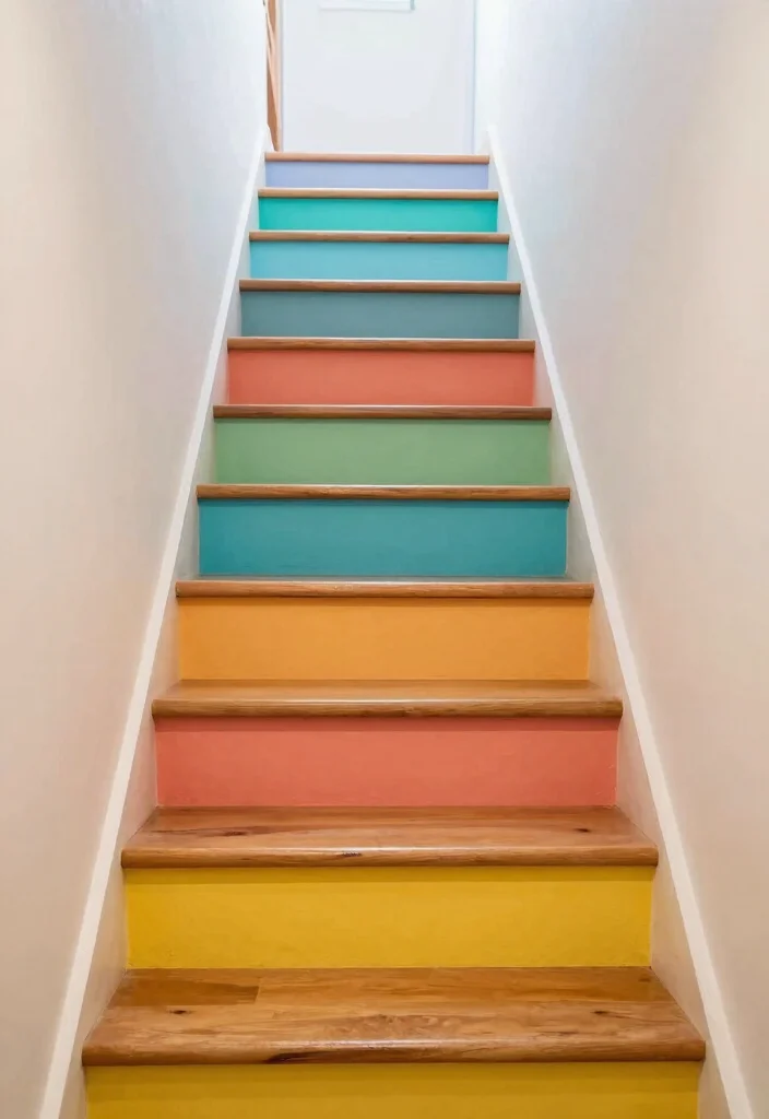 12 Basement Stairway Ideas to Improve Flow and Lighting 8. Colorful Stair Risers 0