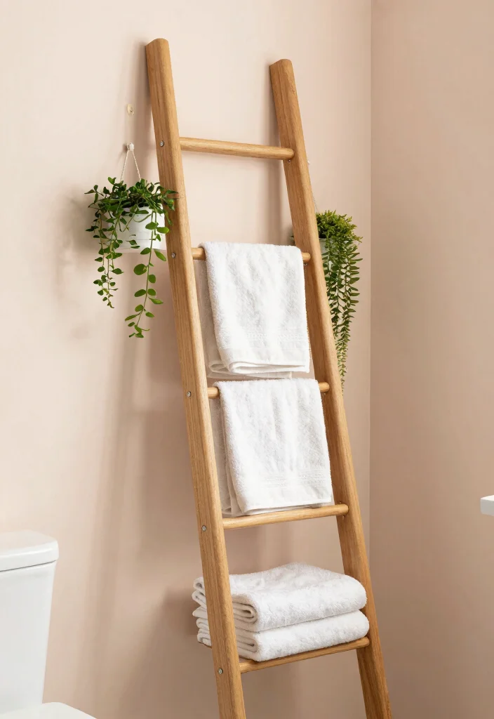 12 Bathroom Organization Ideas for Small Spaces 8. Bathroom Ladder Rack 0