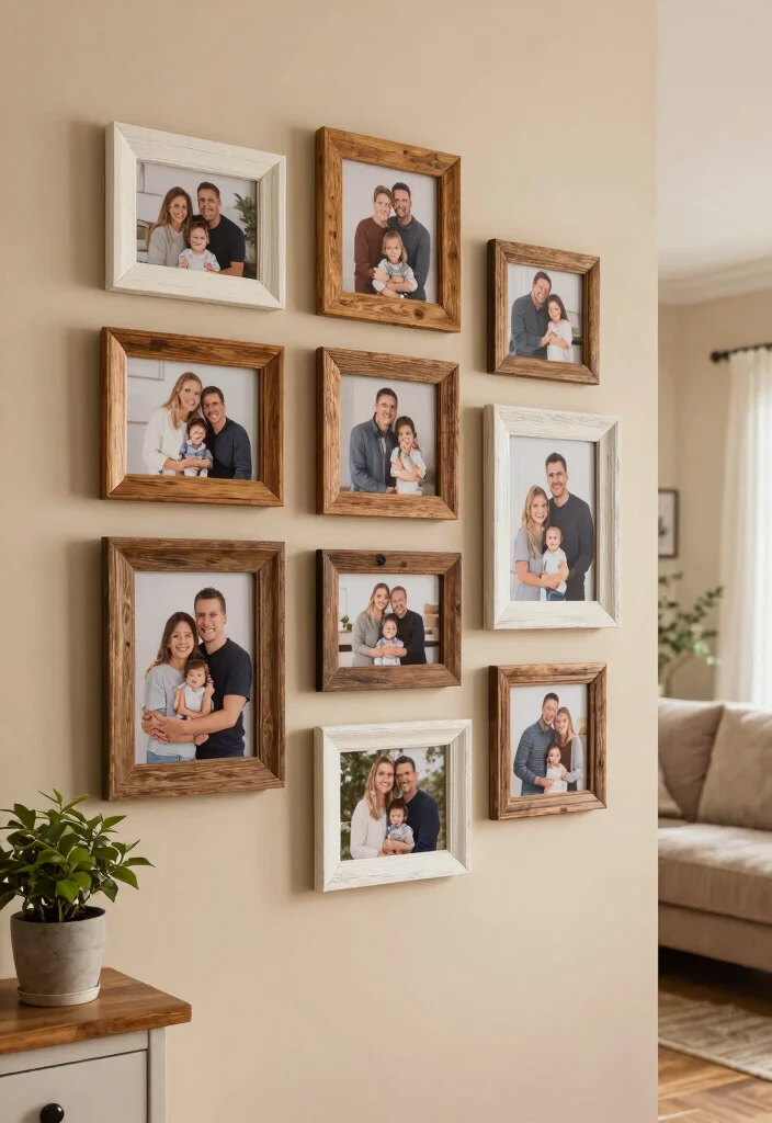 12 Family Room Wall Decor Ideas for Cozy Homes 1. Rustic Wooden Frames for Family Photos 0