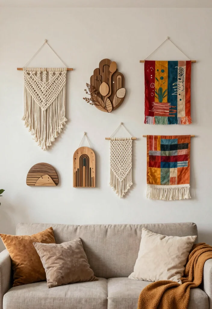12 Family Room Wall Decor Ideas for Cozy Homes 11. Layered Textures with Wall Hangings 0