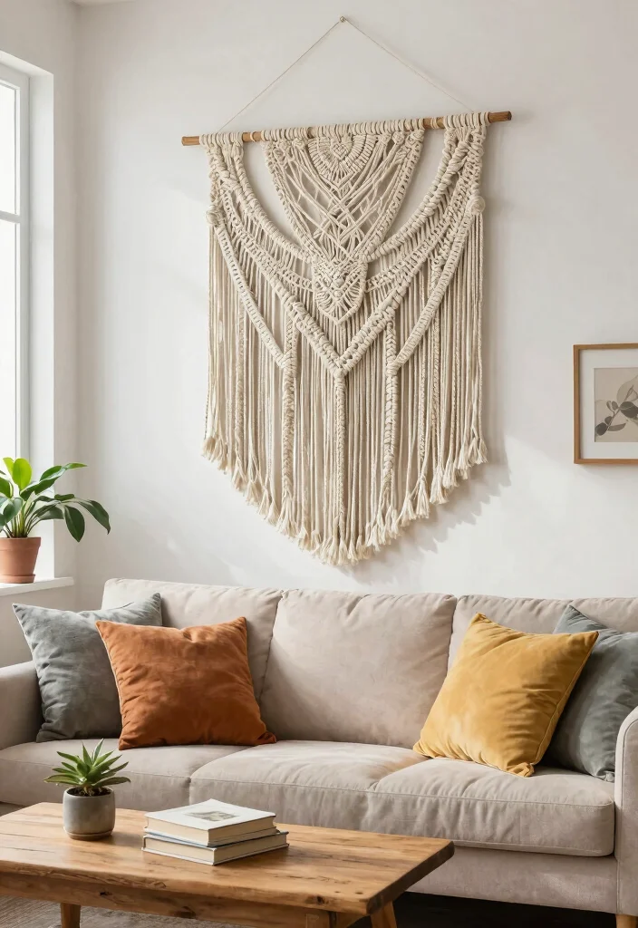 12 Family Room Wall Decor Ideas for Cozy Homes 2. Soft Macrame Wall Hangings 0