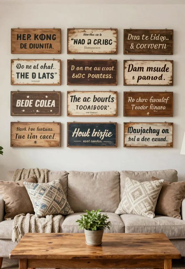 12 Family Room Wall Decor Ideas for Cozy Homes 3. Vintage Wooden Signs 0