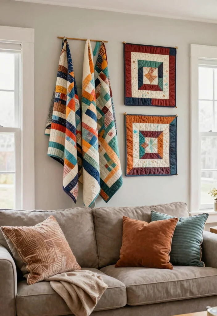 12 Family Room Wall Decor Ideas for Cozy Homes 7. Quilts and Throws Displayed Creatively 0