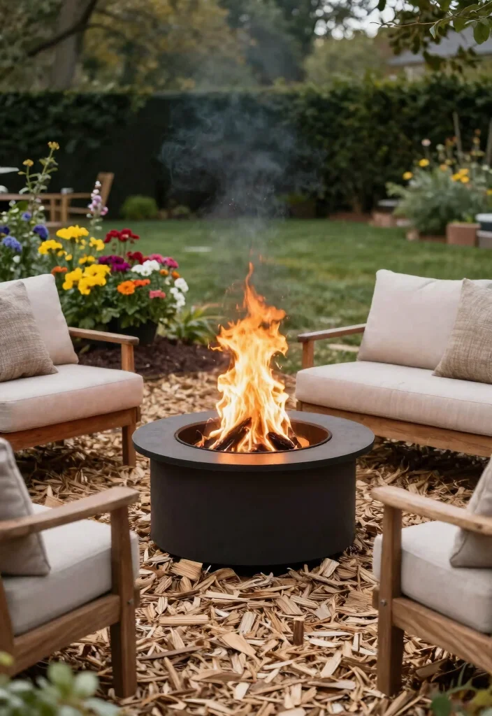 12 Fire Pit Ideas for Backyard Landscapes with Natural Flow 9. Fire Pit Surrounded by Wood Chips 0