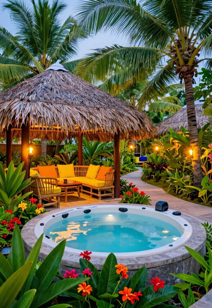 12 Hot Tub Backyard Patio Ideas for a Spa Like Experience 13 12 Hot Tub Backyard Patio Ideas for a Spa Like Experience 3. Tropical Oasis 0