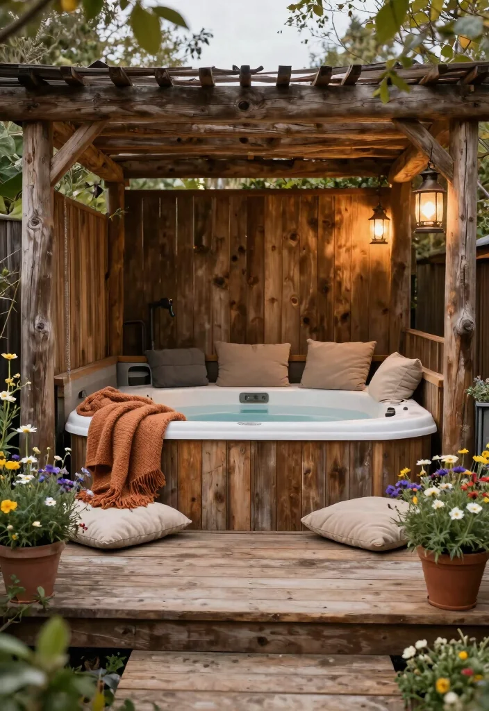 12 Hot Tub Backyard Patio Ideas for a Spa Like Experience 14 12 Hot Tub Backyard Patio Ideas for a Spa Like Experience 4. Rustic Charm with Wood Elements 0