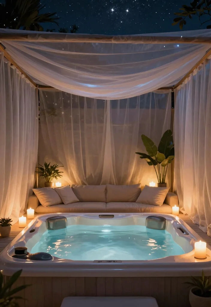 12 Hot Tub Backyard Patio Ideas for a Spa Like Experience 26 12 Hot Tub Backyard Patio Ideas for a Spa Like Experience 6. Elegant Night Sky Retreat 0