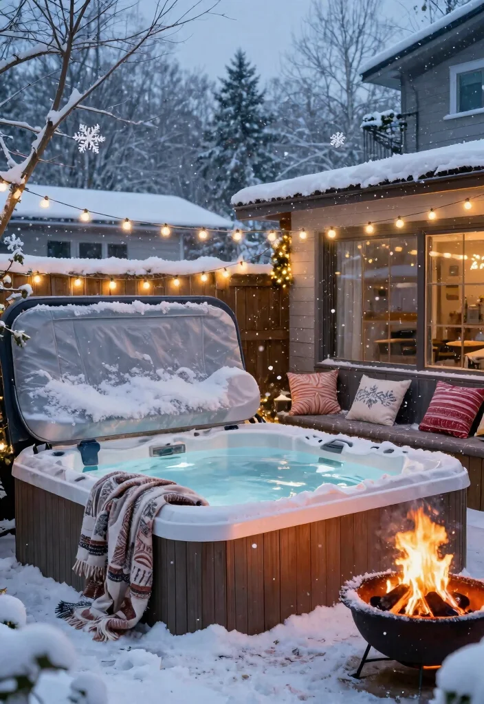 12 Hot Tub Backyard Patio Ideas for a Spa Like Experience 49 12 Hot Tub Backyard Patio Ideas for a Spa Like Experience 9. Winter Wonderland Retreat 0