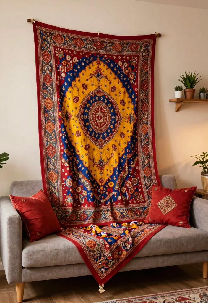 12 Indian Living Room Wall Decor Ideas with Cultural Style 1. Tapestry Elegance 0