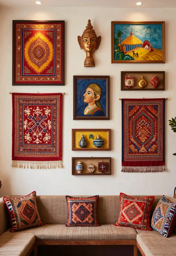 12 Indian Living Room Wall Decor Ideas with Cultural Style 10. Cultural Wall Art Installations 0