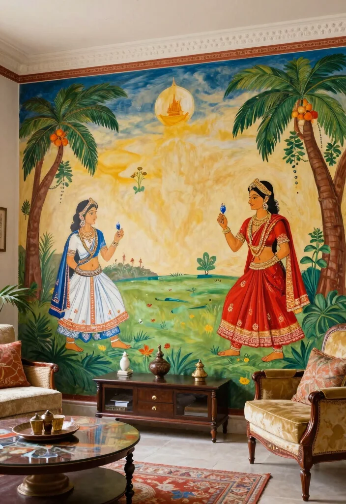 12 Indian Living Room Wall Decor Ideas with Cultural Style 12. Cultural Storytelling Murals 0