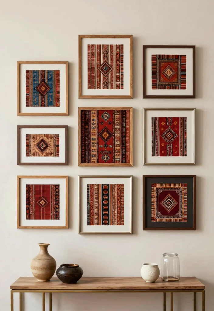 12 Indian Living Room Wall Decor Ideas with Cultural Style 2. Ethnic Fabric Frames 0