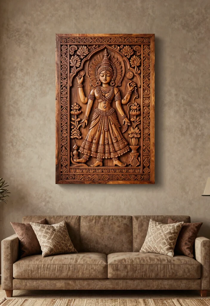 12 Indian Living Room Wall Decor Ideas with Cultural Style 3. Handcrafted Wooden Art 0