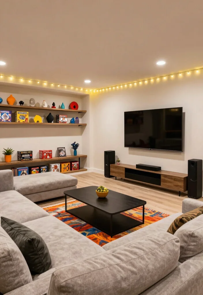 12 Small Finished Basement Ideas That Feel Complete 3. Stylish Entertainment Hub 0