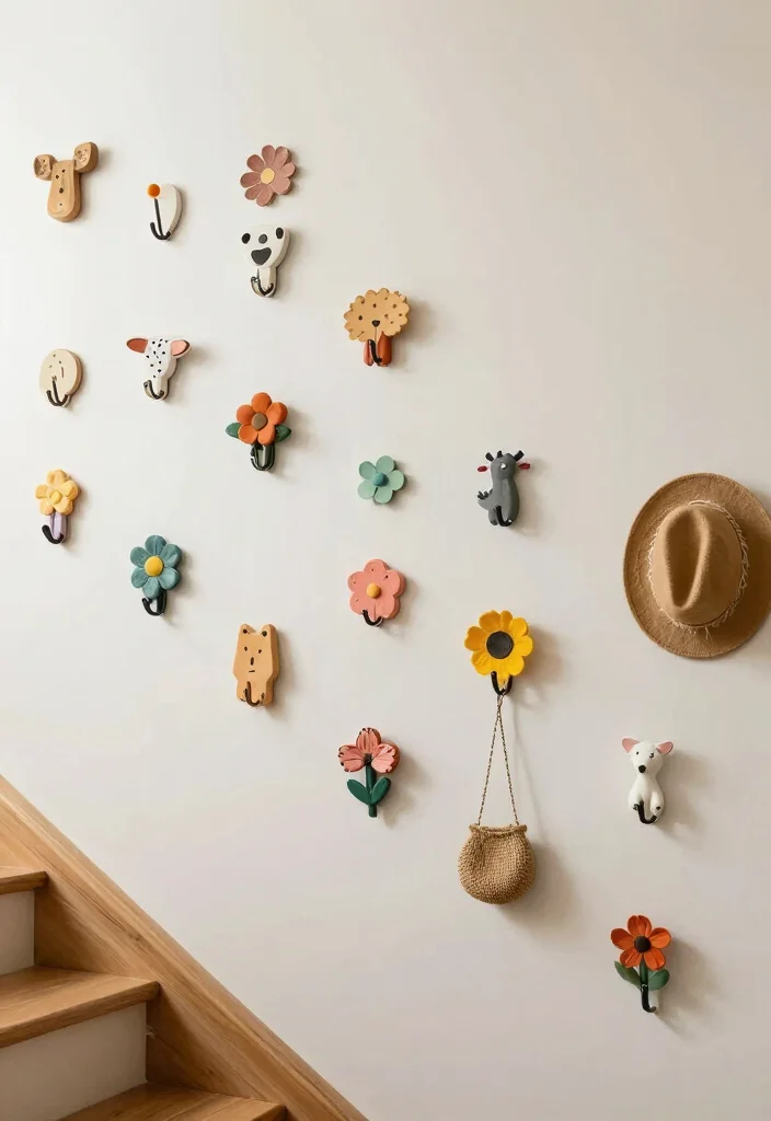 12 Staircase Wall Decor Ideas That Use Vertical Space 10. Whimsical Wall Hooks 0