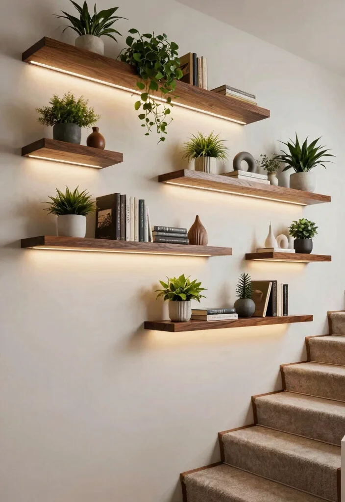 12 Staircase Wall Decor Ideas That Use Vertical Space 3. Floating Shelves with Style 0