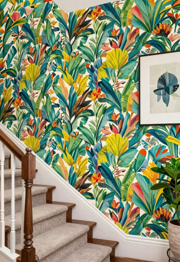 12 Staircase Wall Decor Ideas That Use Vertical Space 4. Bold and Beautiful Wallpaper 0