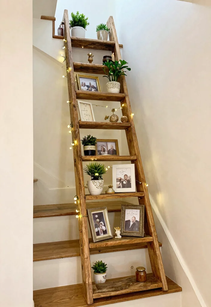 12 Staircase Wall Decor Ideas That Use Vertical Space 8. Artful Ladder Display 0