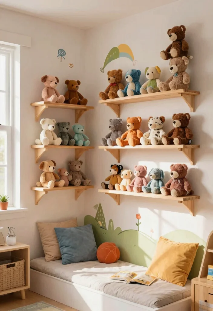 12 Stuffed Animal Storage Organization Ideas for Kids 4. Wall Mounted Stuffed Animal Shelves 0