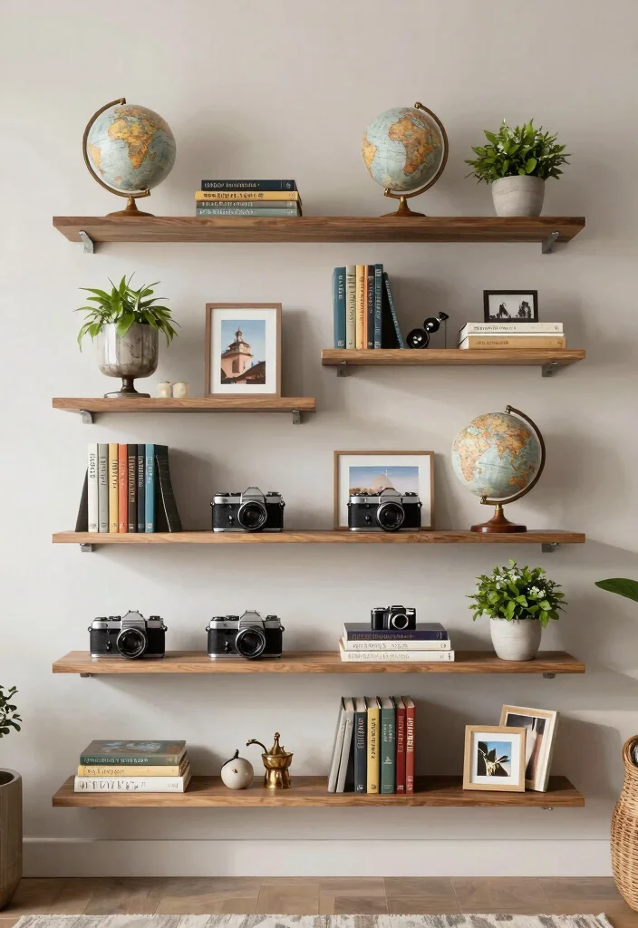12 Travel Wall Decor Ideas to Display Memories 45 12 Travel Wall Decor Ideas to Display Memories 5. Travel Themed Shelves 0