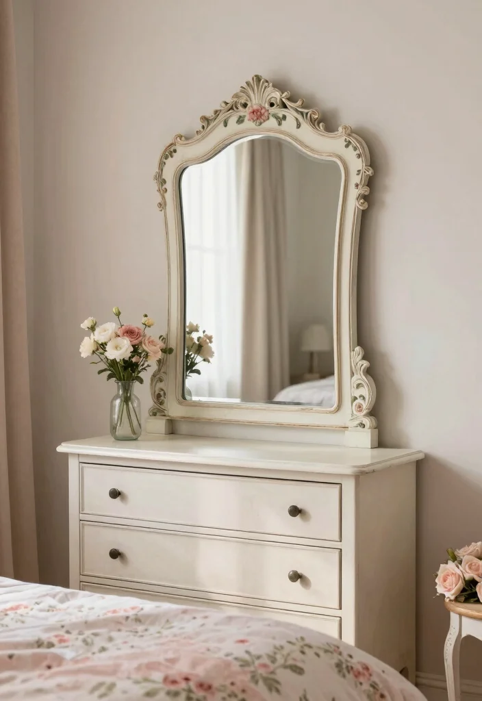 12 Vintage Inspired Bedroom Mirror Wall Decor Ideas to Brighten the Space 10. Vintage Mirror Frames with Floral Accents 0
