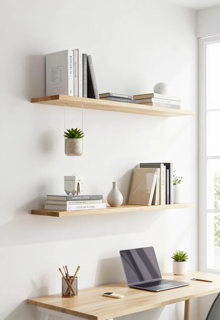 12 Work Desk Organization Ideas for Productivity 1. Use Vertical Space with Wall Shelves 0
