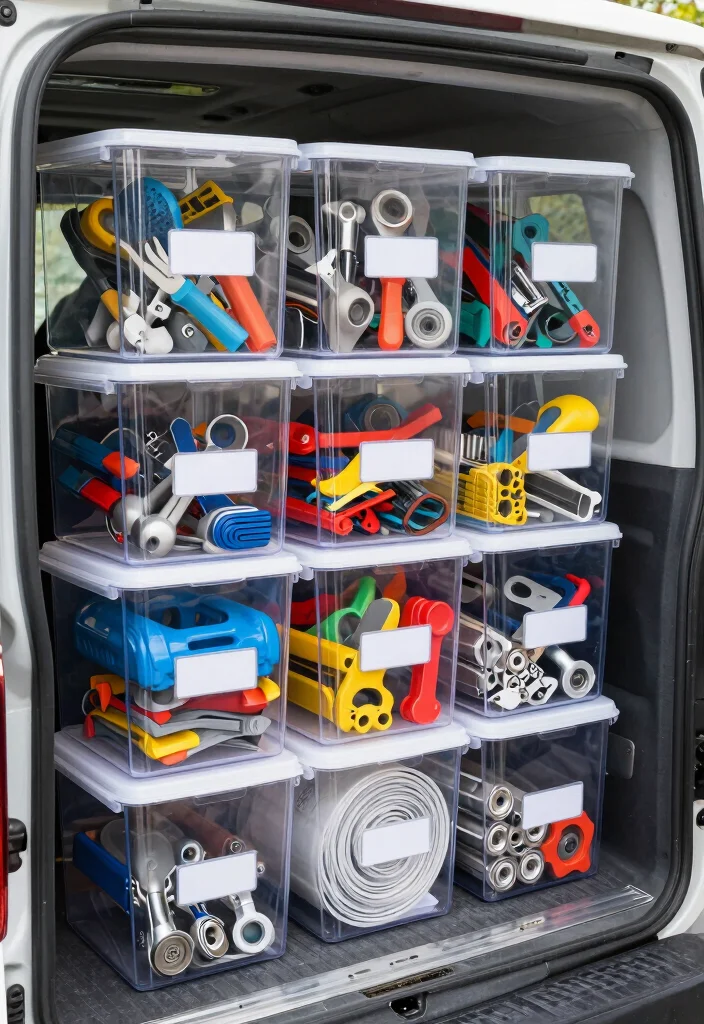 12 Work Van Organization Ideas for Efficiency on the Job 3. Clear Storage Bins 0