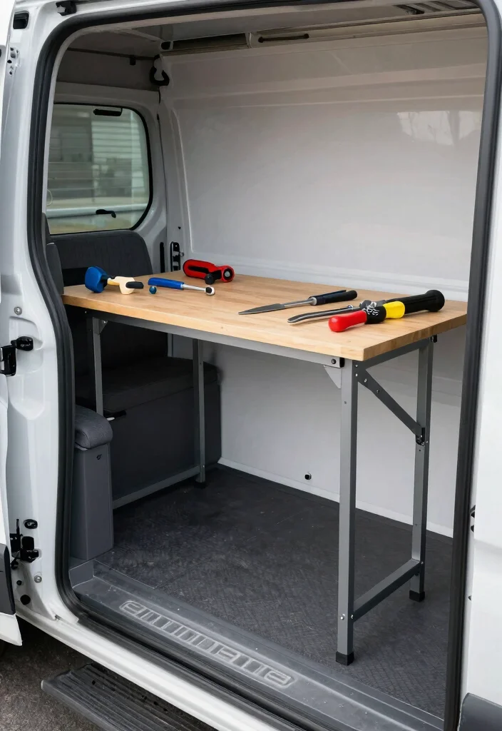 12 Work Van Organization Ideas for Efficiency on the Job 5. Folding Workbench 0