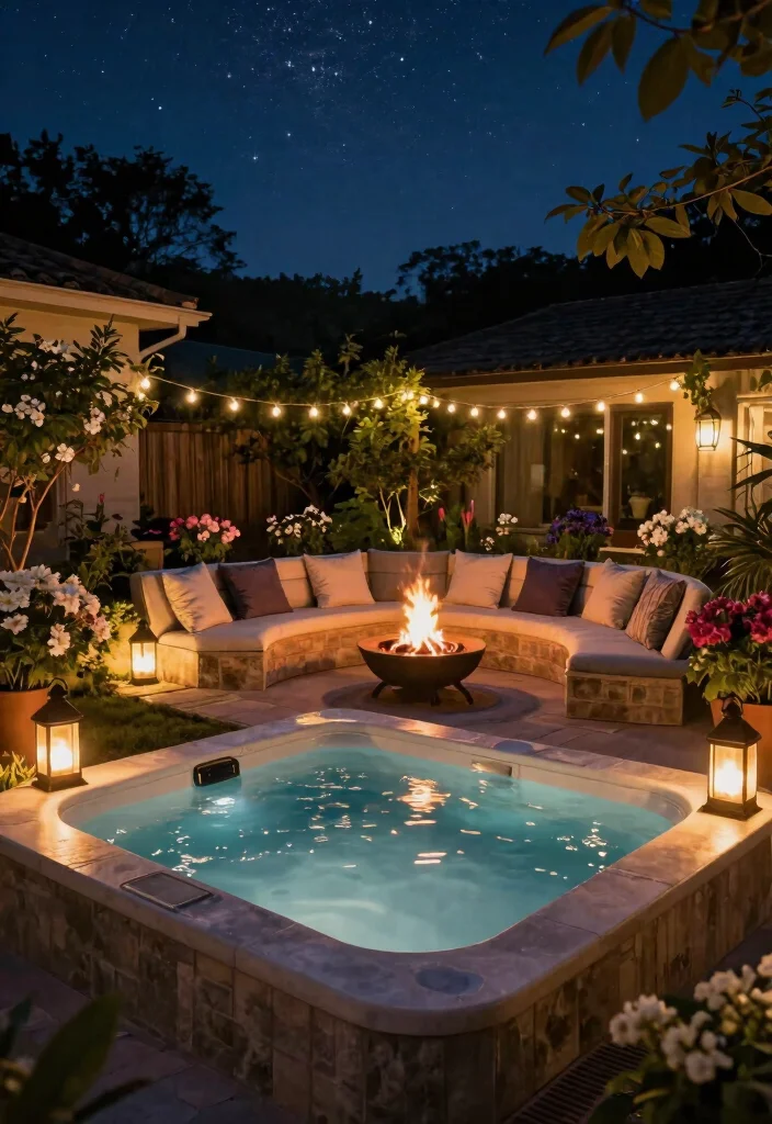 14 Backyard Jacuzzi Patio Ideas for Luxury at Home 8. Nighttime Oasis 0