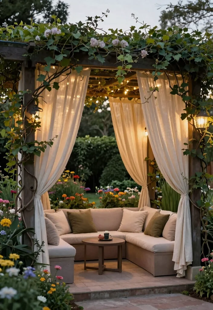 14 Backyard Sitting Area Ideas for Relaxed Everyday Use 10. Elegant Pergola Retreat 0
