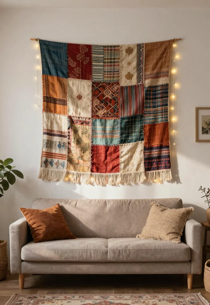 14 DIY Living Room Wall Decor Ideas on a Budget 3. Fabric Wall Hangings 0