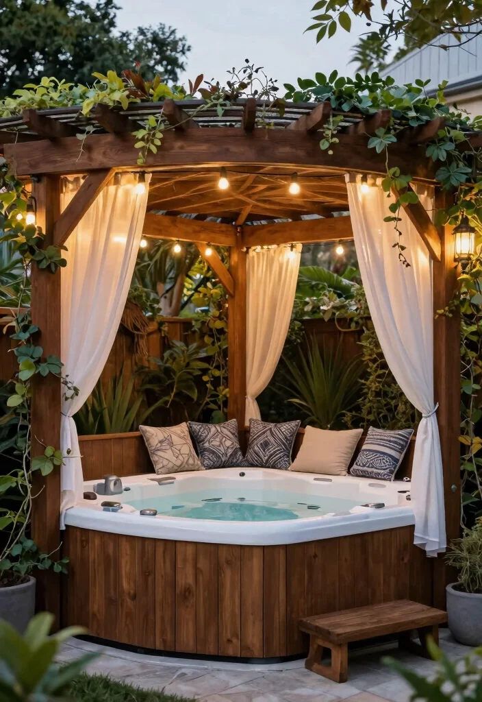 14 Enclosed Backyard Hot Tub Ideas for Privacy and Year Round Use 5. Elegant Pergola Setup 0