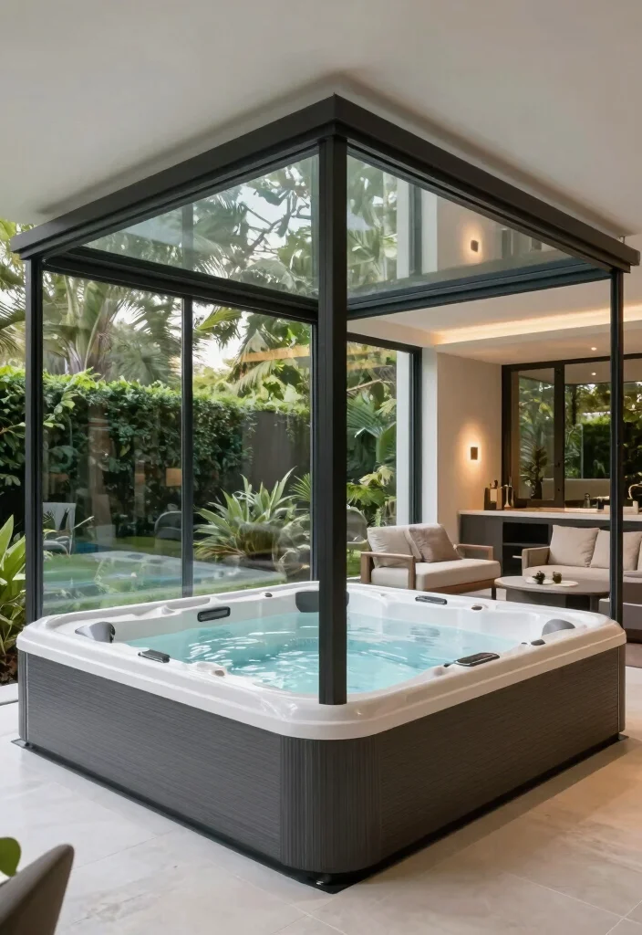 14 Enclosed Backyard Hot Tub Ideas for Privacy and Year Round Use 6. Contemporary Glass House 0