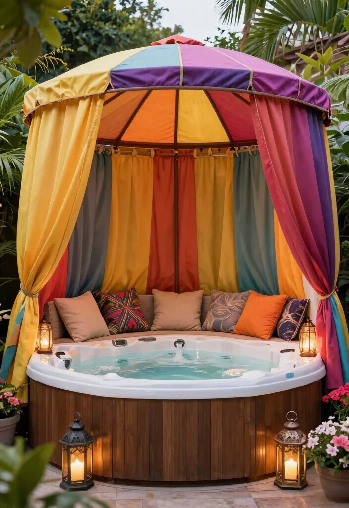 14 Enclosed Backyard Hot Tub Ideas for Privacy and Year Round Use 7. Cozy Canopy Retreat 0
