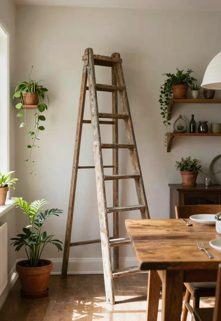 14 Large Dining Room Wall Decor Ideas for Statement Walls 10. Vintage Ladder for Displaying Decor 0