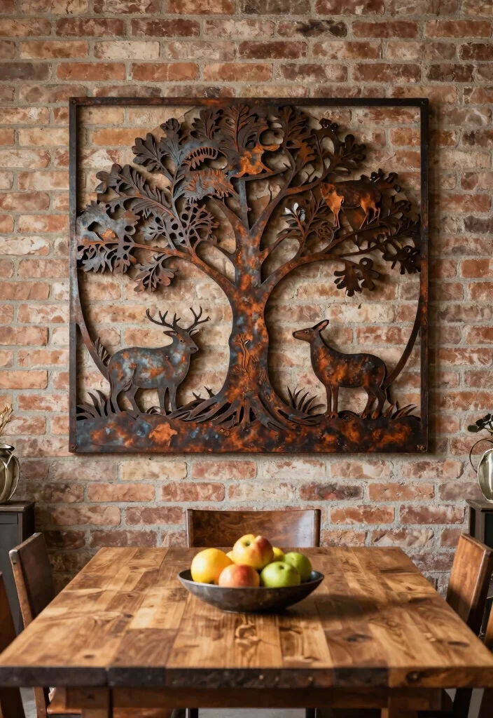 14 Large Dining Room Wall Decor Ideas for Statement Walls 6. Rustic Metal Wall Art 0